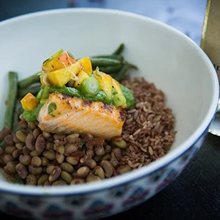 Grilled Steelhead Trout with an Arugula Pesto & Peach Salsa